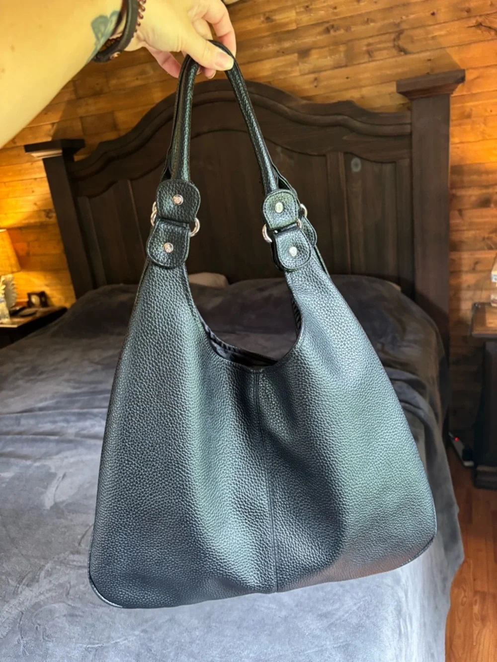 Lancôme Black Hobo Shoulder Bag Purse, Pebbled Leather, Silver Hardware